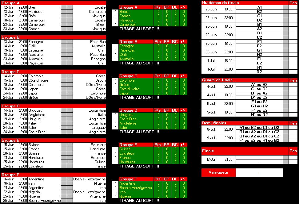Calendrier Coupe du Monde 2014